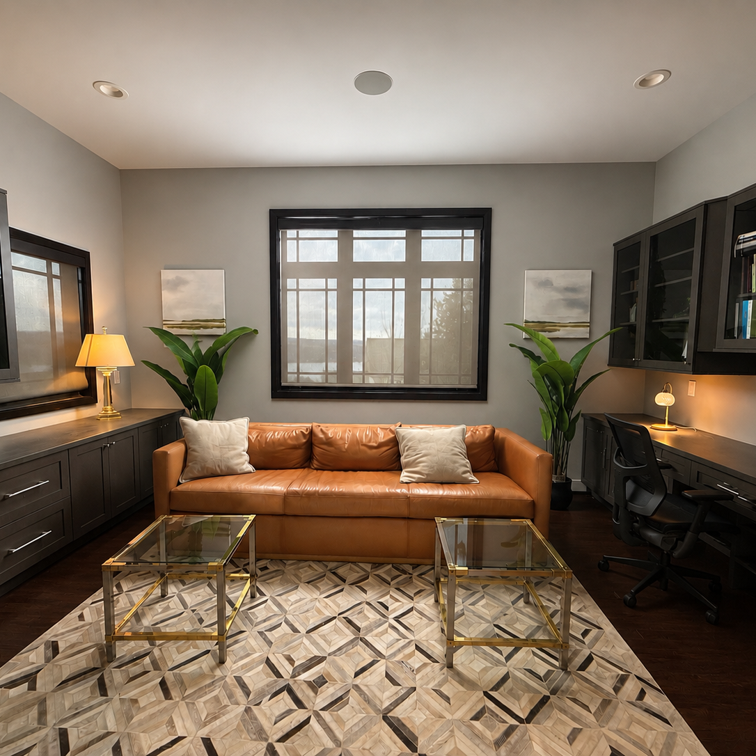 A client living room before a portable podcast studio setup
