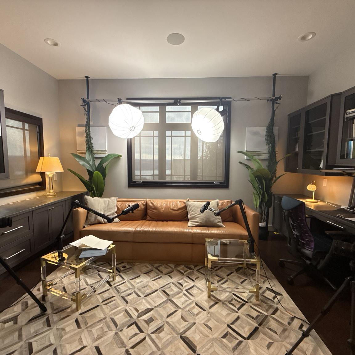 The same living room fitted with a portable multi-camera podcast studio